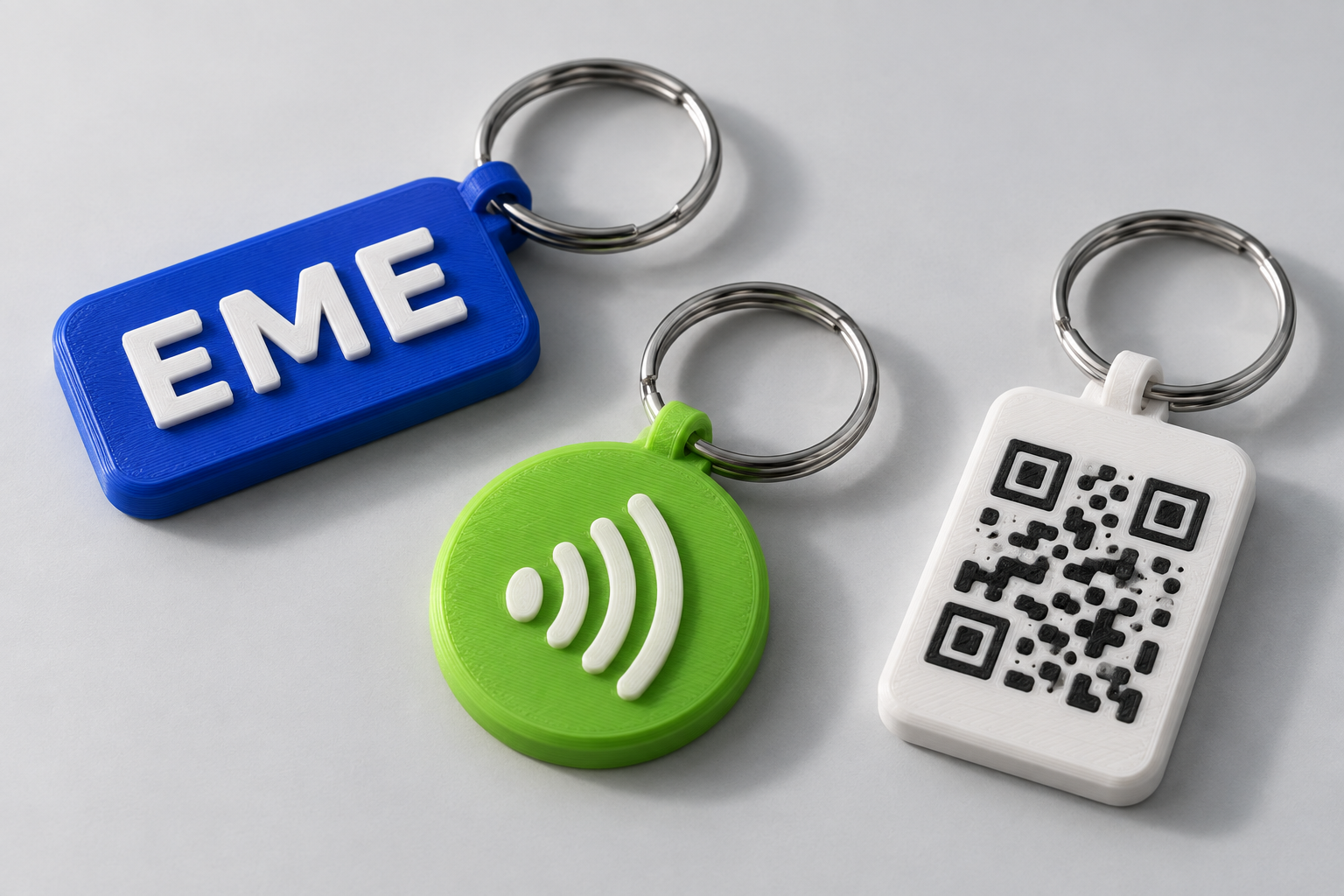 Visualización conceptual de llavero de contacto EME, ficha NFC y placa con QR ilustrativo